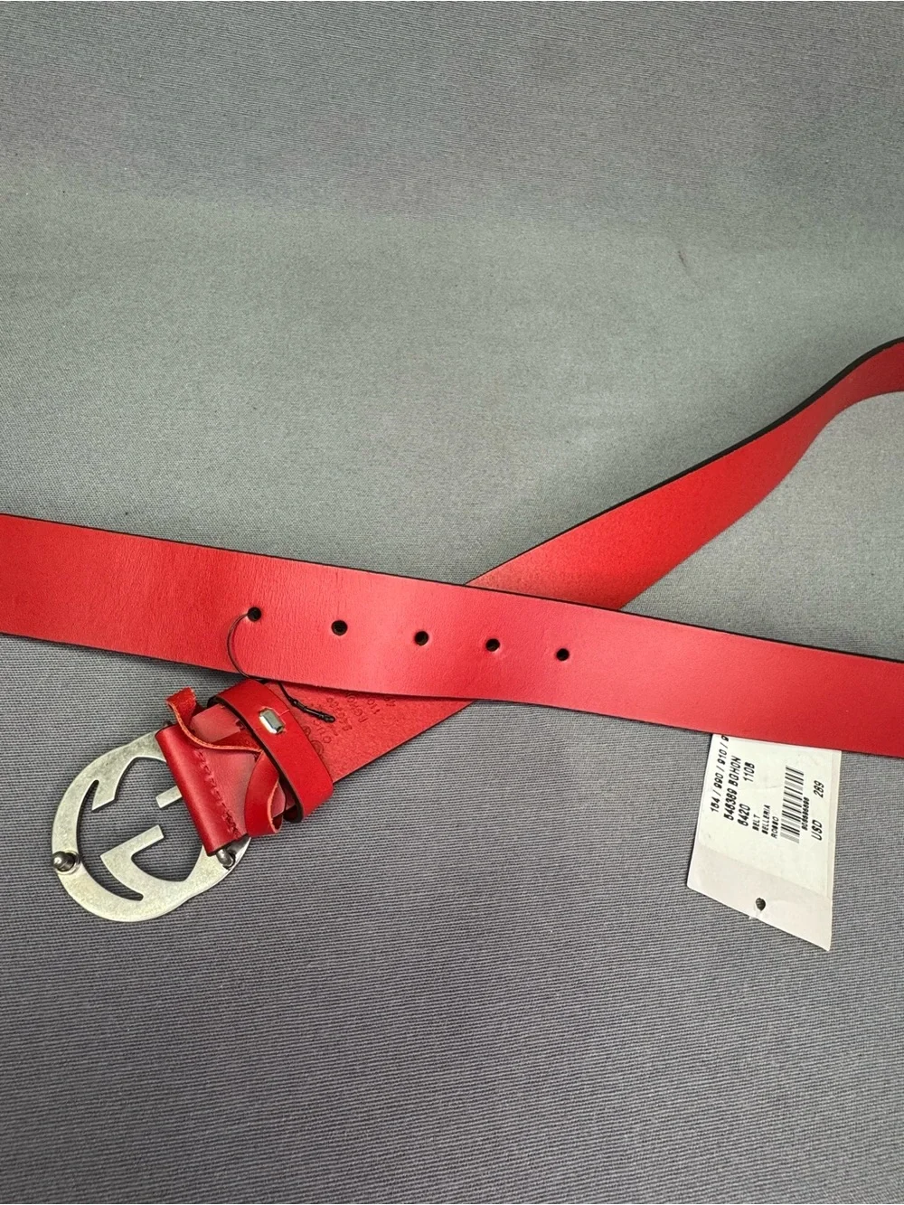 Authentic Men's Gucci Red Selleria Interlocking G Leather Buckle Belt 546389